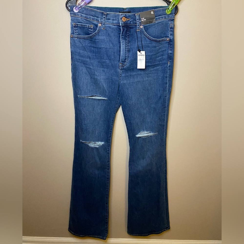 EXPRESS women’s flare high rise jeans, distressed, NWT, 8L